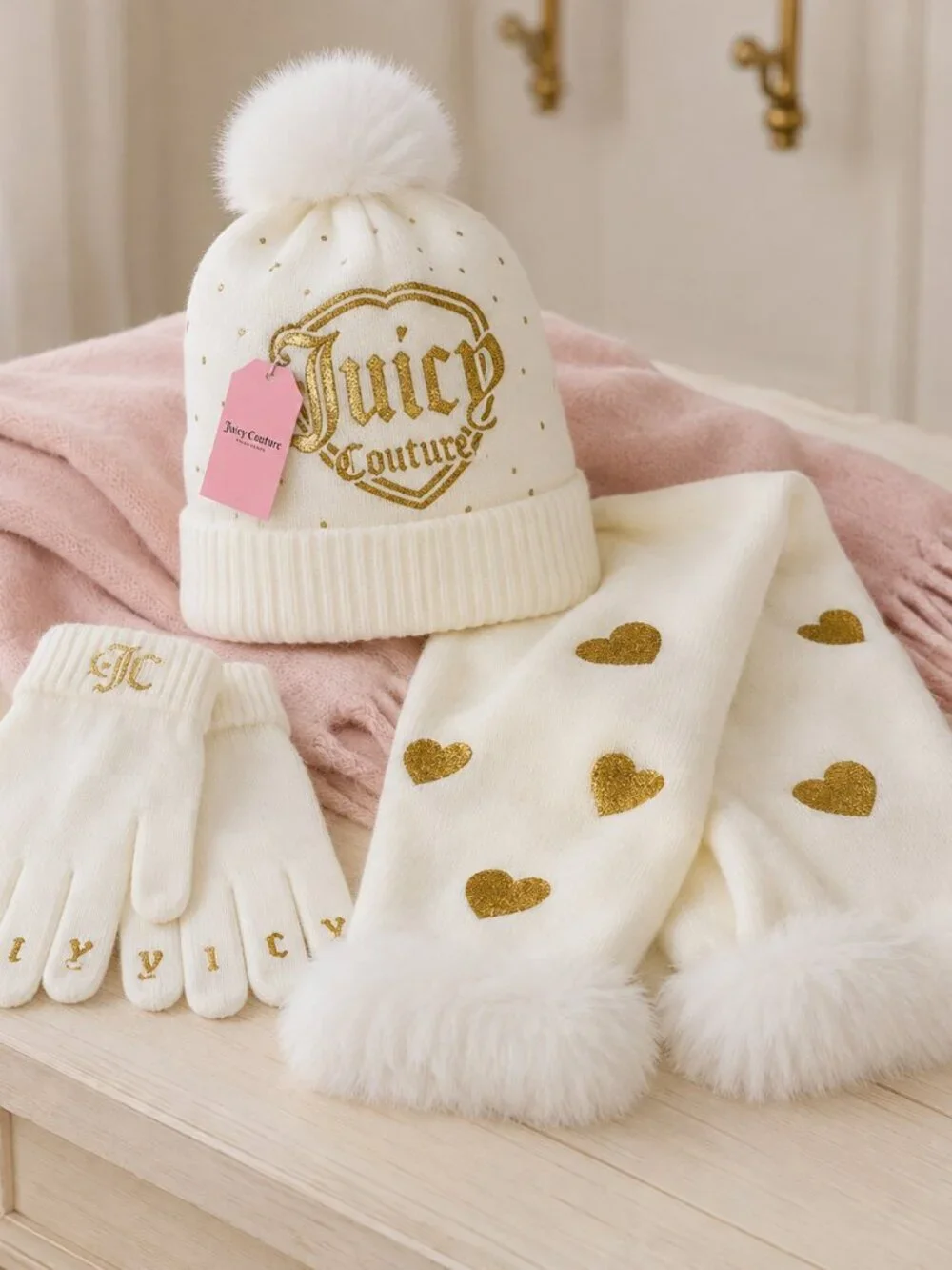 Juicy Couture Kids Beanie Scarf Gloves Set Metallic Hearts NWT